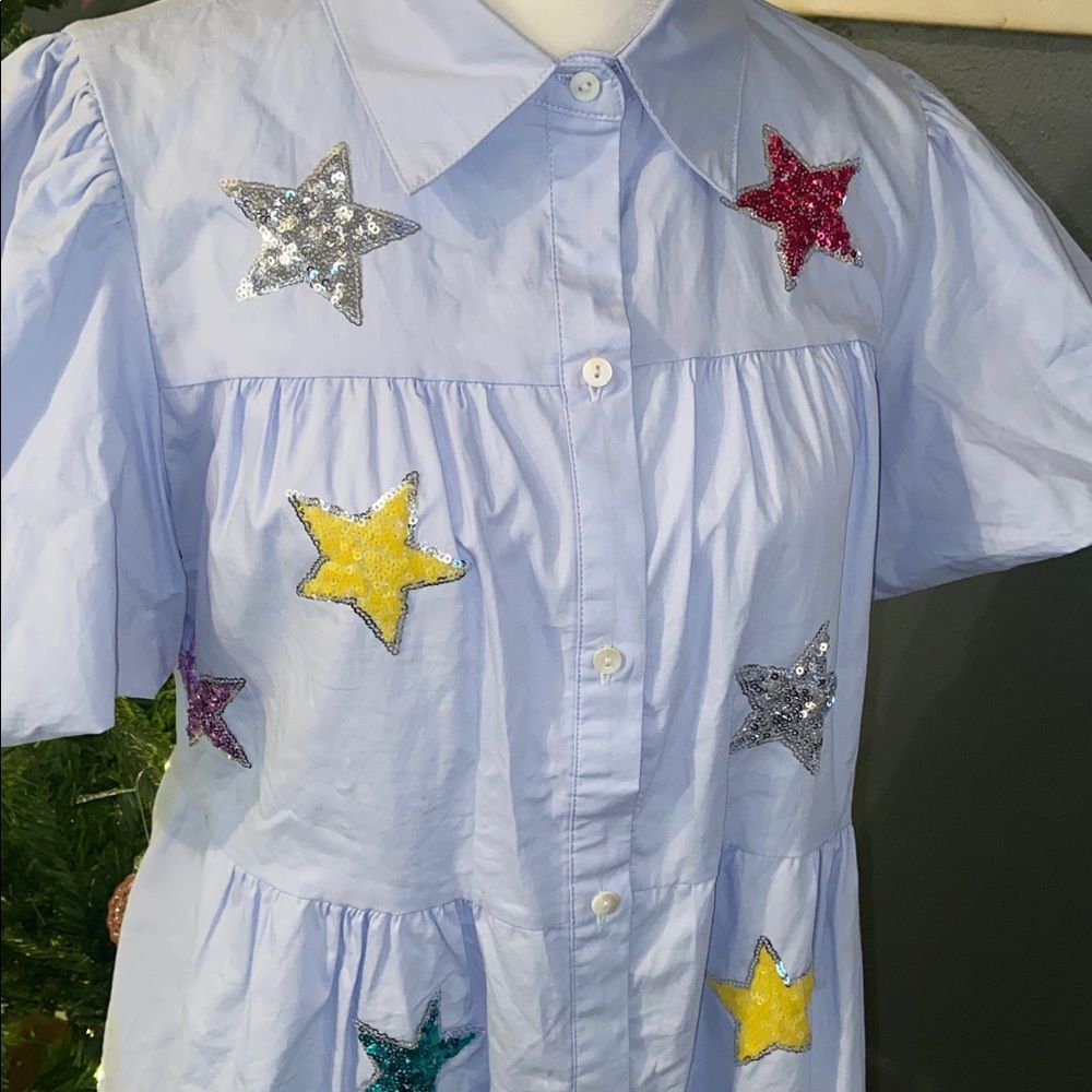 Peach Love California Light Blue Button-Up Dress with sequined stars - Picture 2 of 7
